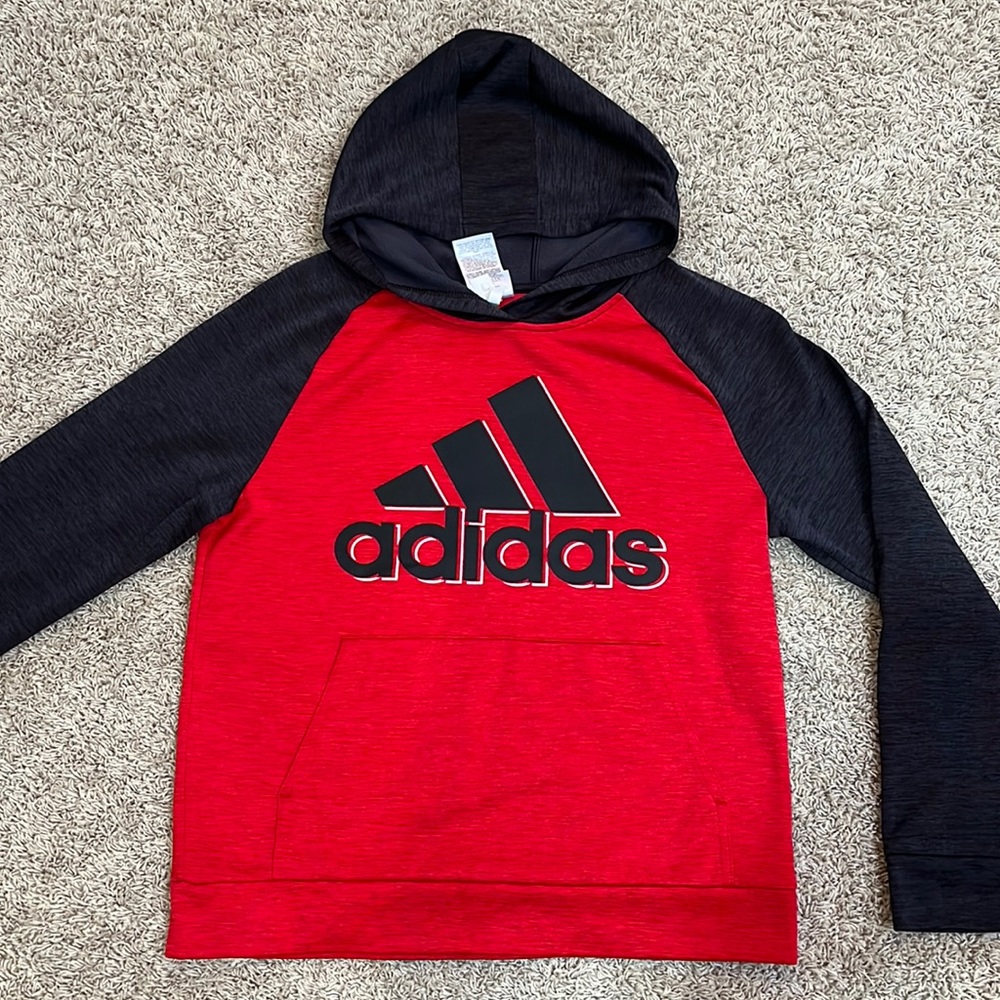Dark grey and red Adidas hoodie, youth large (14/16)